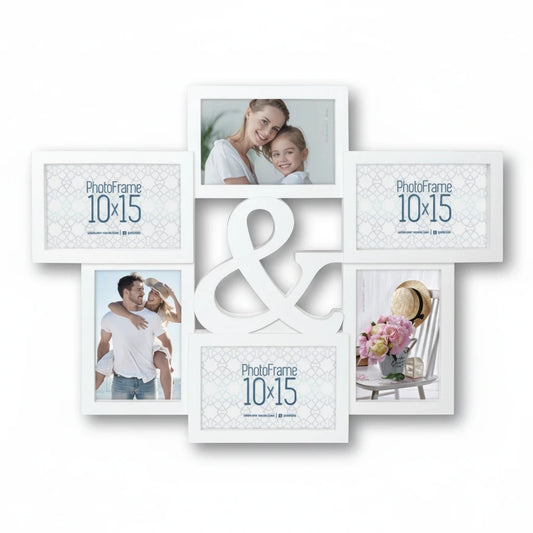 Cornice multiframe bianca FotoGrafica con simbolo ampersand centrale, ideale per collage di foto romantiche
