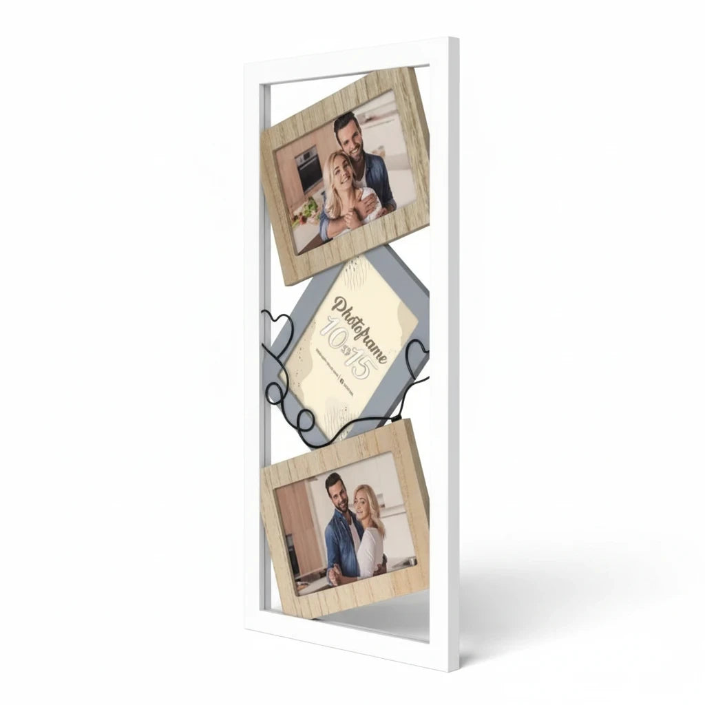 Cornice multiframe FotoGrafica bianca con tre portafoto in legno e grigio per regali romantici di San Valentino