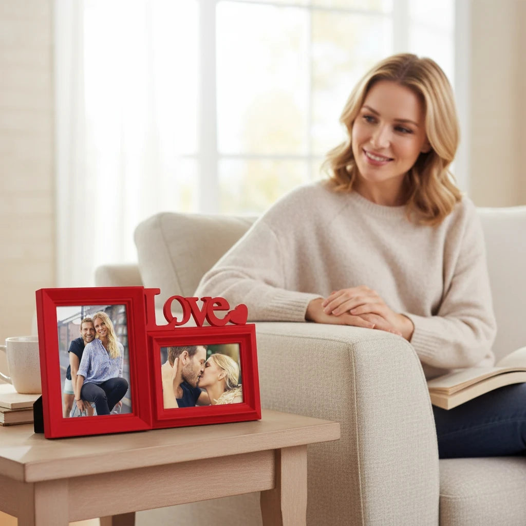 Cornice multiframe FotoGrafica rossa con scritta Love, ideale per foto romantiche di coppia su tavolino in soggiorno