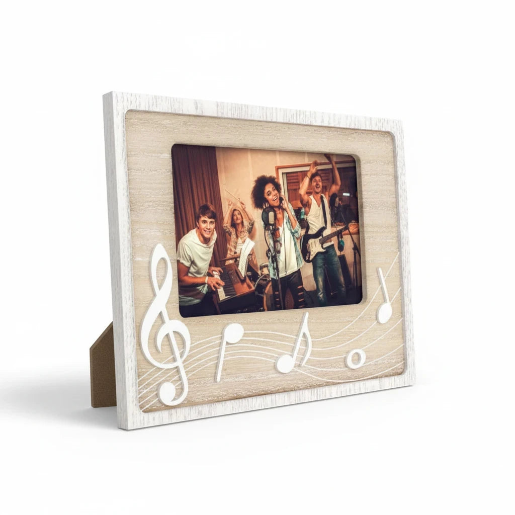 Cornice portafoto FotoGrafica a tema musicale con decorazioni di note bianche su base in legno chiaro per foto 10x15