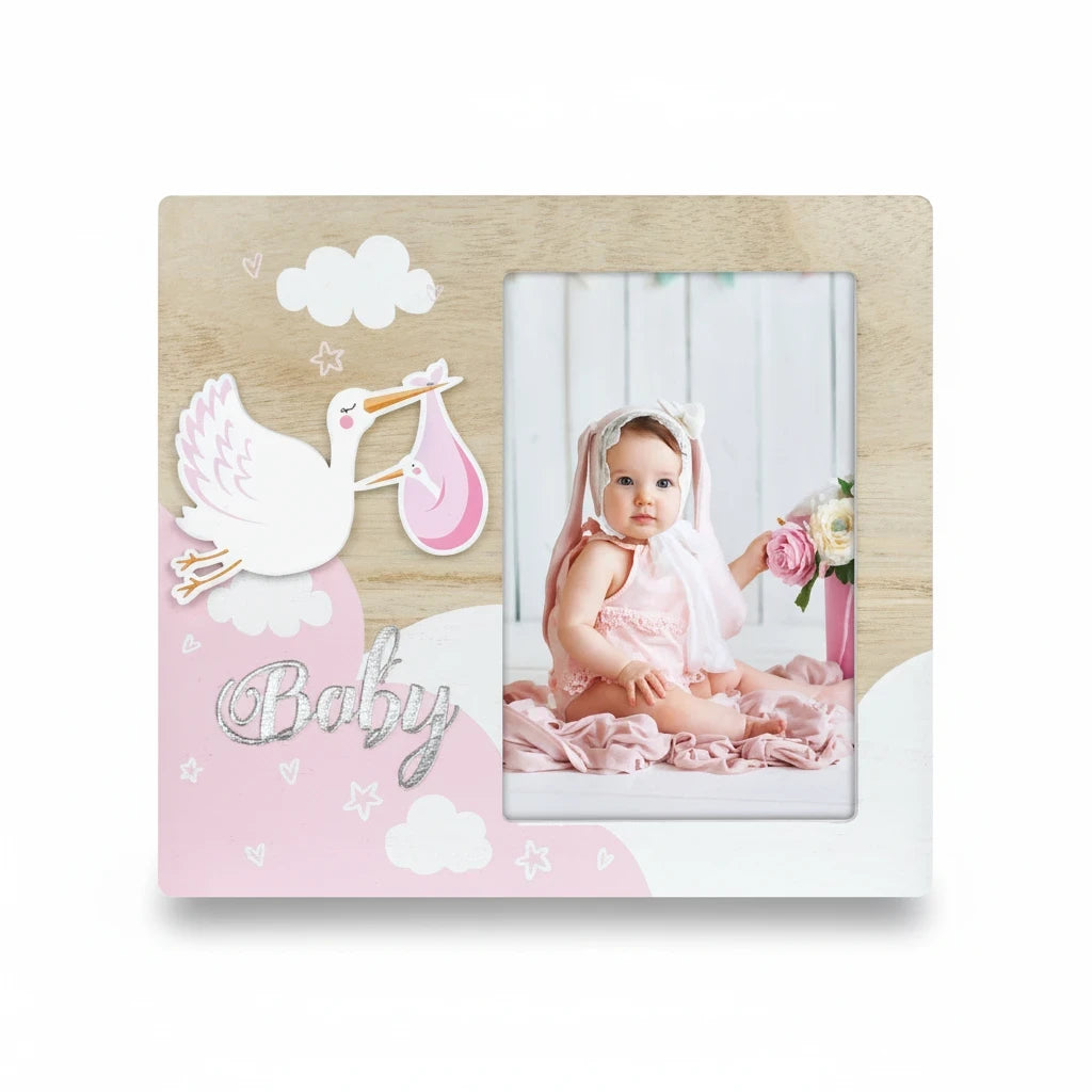 Cornice portafoto FotoGrafica in legno con decorazione cicogna rosa per nascita e battesimo neonato