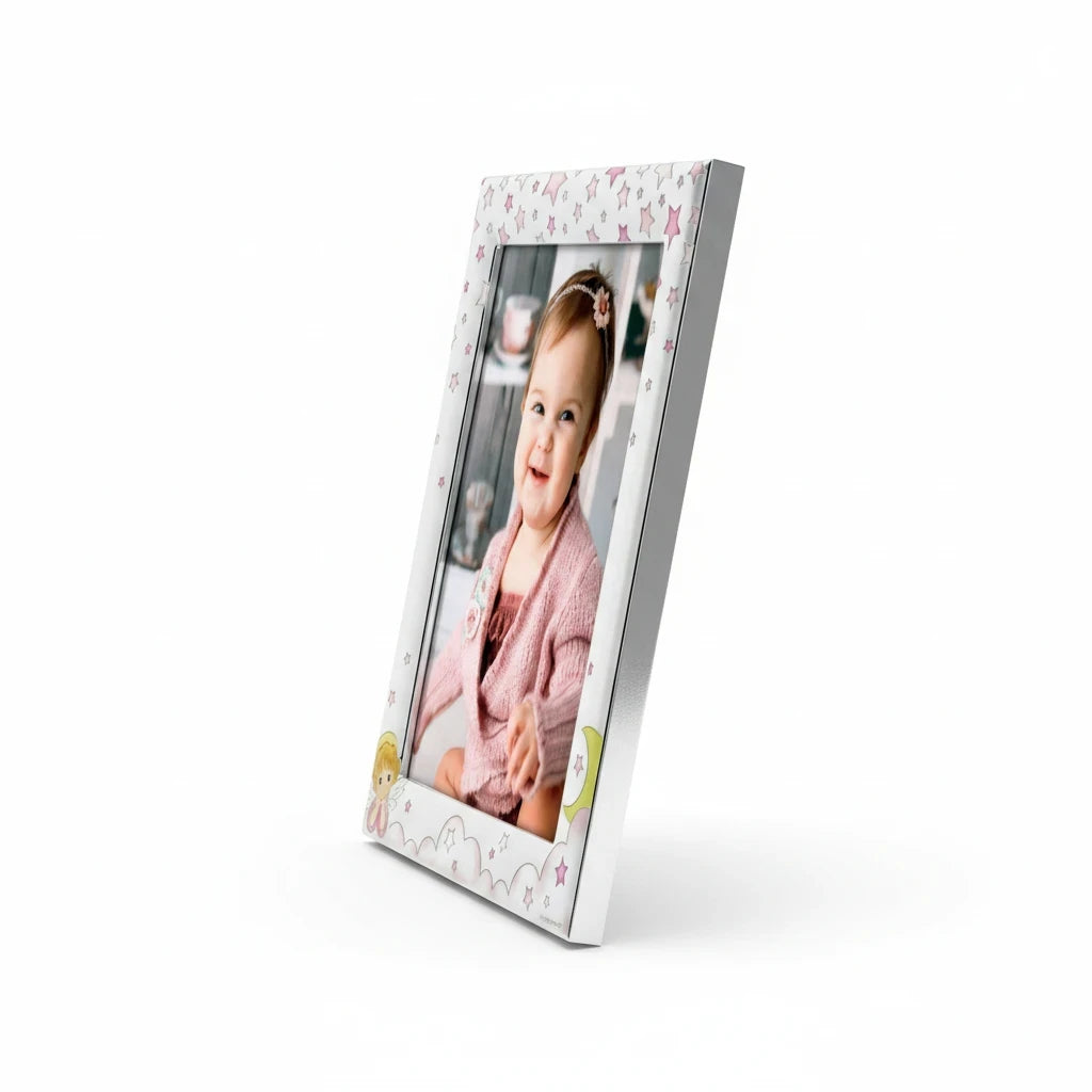 Cornice portafoto FotoGrafica in silver per neonati con decorazioni rosa di stelle e angioletti