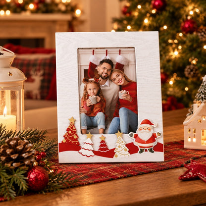 Cornice natalizia da tavolo FotoGrafica in legno bianco con decorazioni di Babbo Natale e alberi per foto 10x15 cm