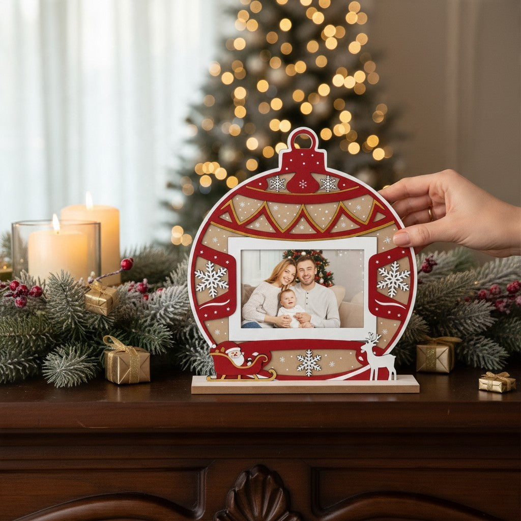 Cornice natalizia da tavolo FotoGrafica in legno a forma di pallina con decori di Babbo Natale e renna per foto 10x15