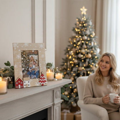 Cornice natalizia da tavolo FotoGrafica in legno per foto 10x15 cm con decorazioni di casette e albero di Natale