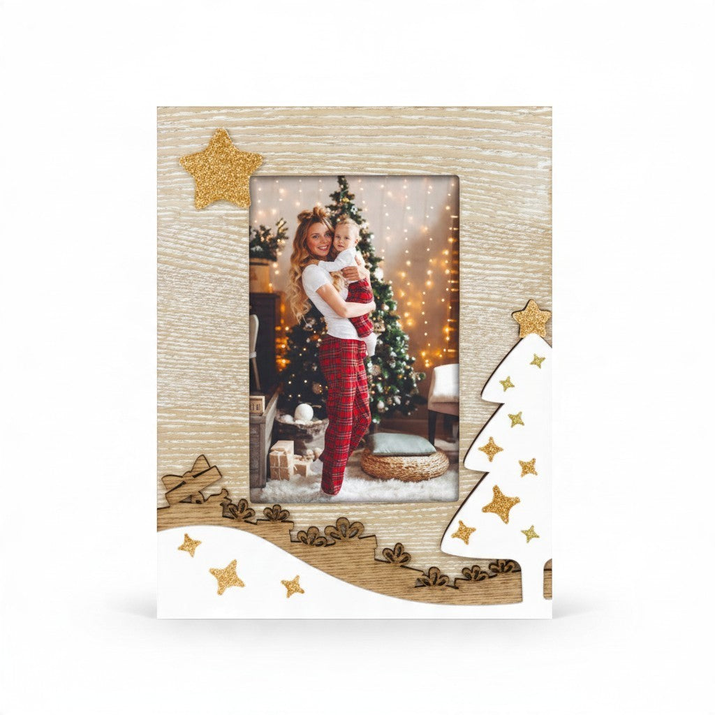 Cornice natalizia da tavolo FotoGrafica in legno con decorazioni a forma di albero e stelle dorate per foto 10x15 cm