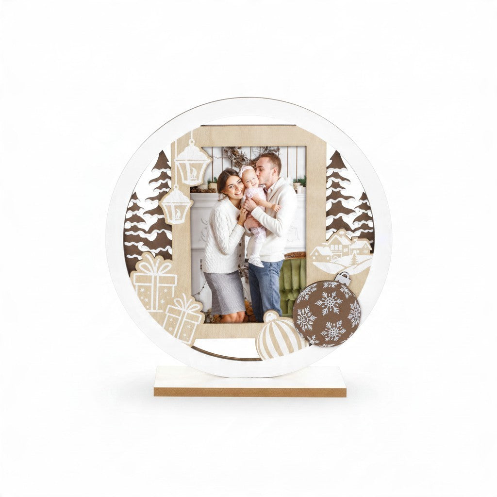 Cornice natalizia da tavolo FotoGrafica in legno con decorazioni a tema, ideale per foto 10x15 cm