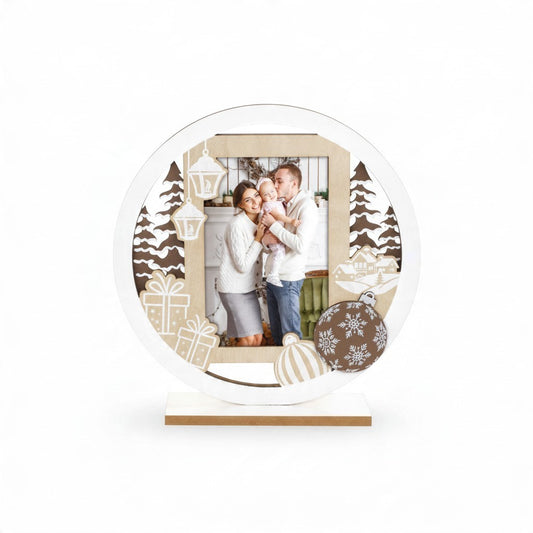 Cornice natalizia da tavolo FotoGrafica in legno con decorazioni a tema, ideale per foto 10x15 cm