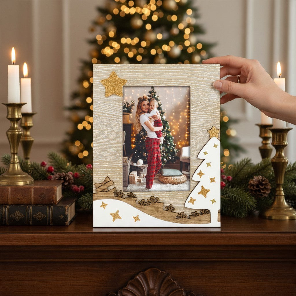 Cornice natalizia da tavolo FotoGrafica in legno per foto 10x15 cm con decorazioni di alberi e stelle dorate