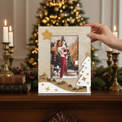 Cornice natalizia da tavolo FotoGrafica in legno per foto 10x15 cm con decorazioni di alberi e stelle dorate