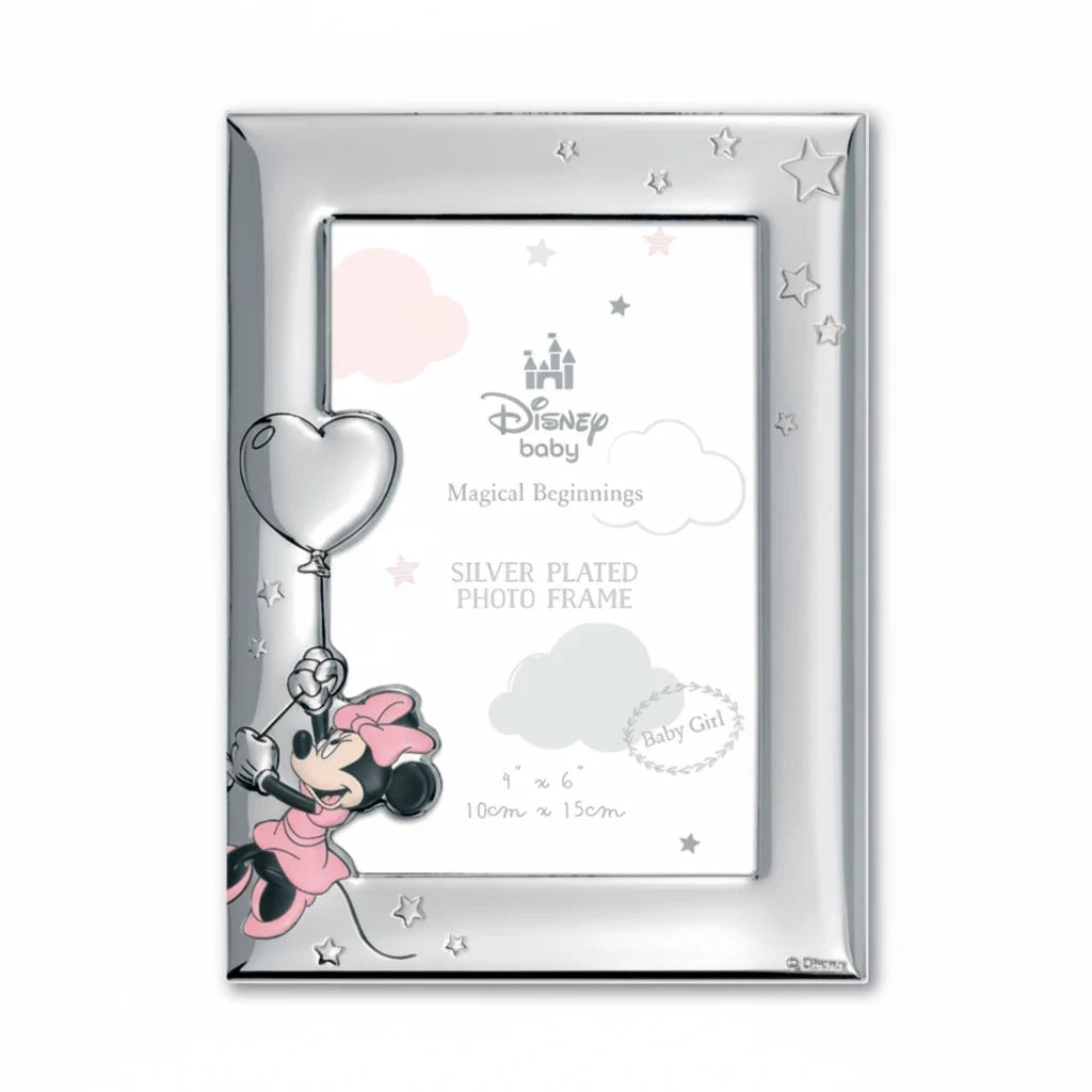 Cornice portafoto FotoGrafica Disney Baby in argento con Minnie, palloncino a cuore e decorazioni a stella rosa