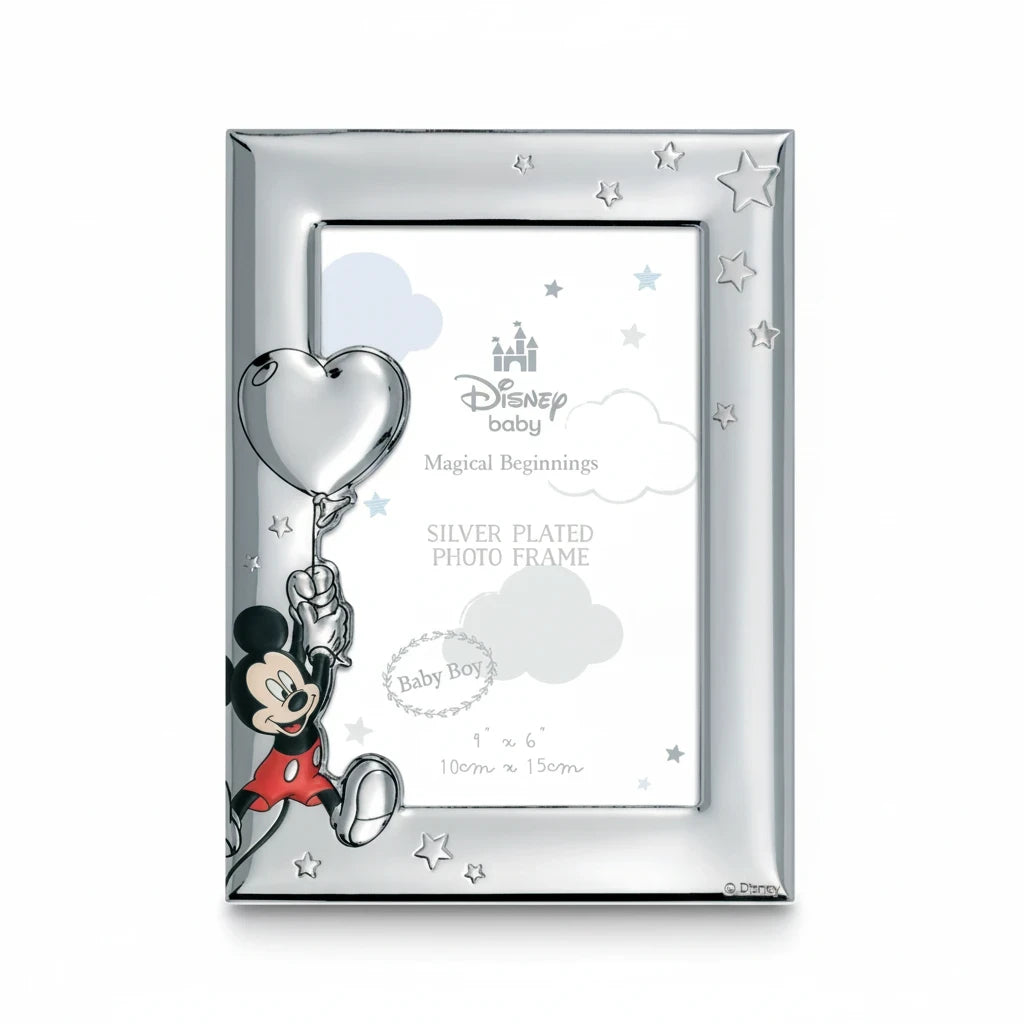 Cornice portafoto FotoGrafica Disney Baby in argento con Topolino che tiene un palloncino a forma di cuore e stelle