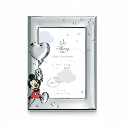 Cornice portafoto FotoGrafica Disney Baby in argento con Topolino che tiene un palloncino a forma di cuore e stelle