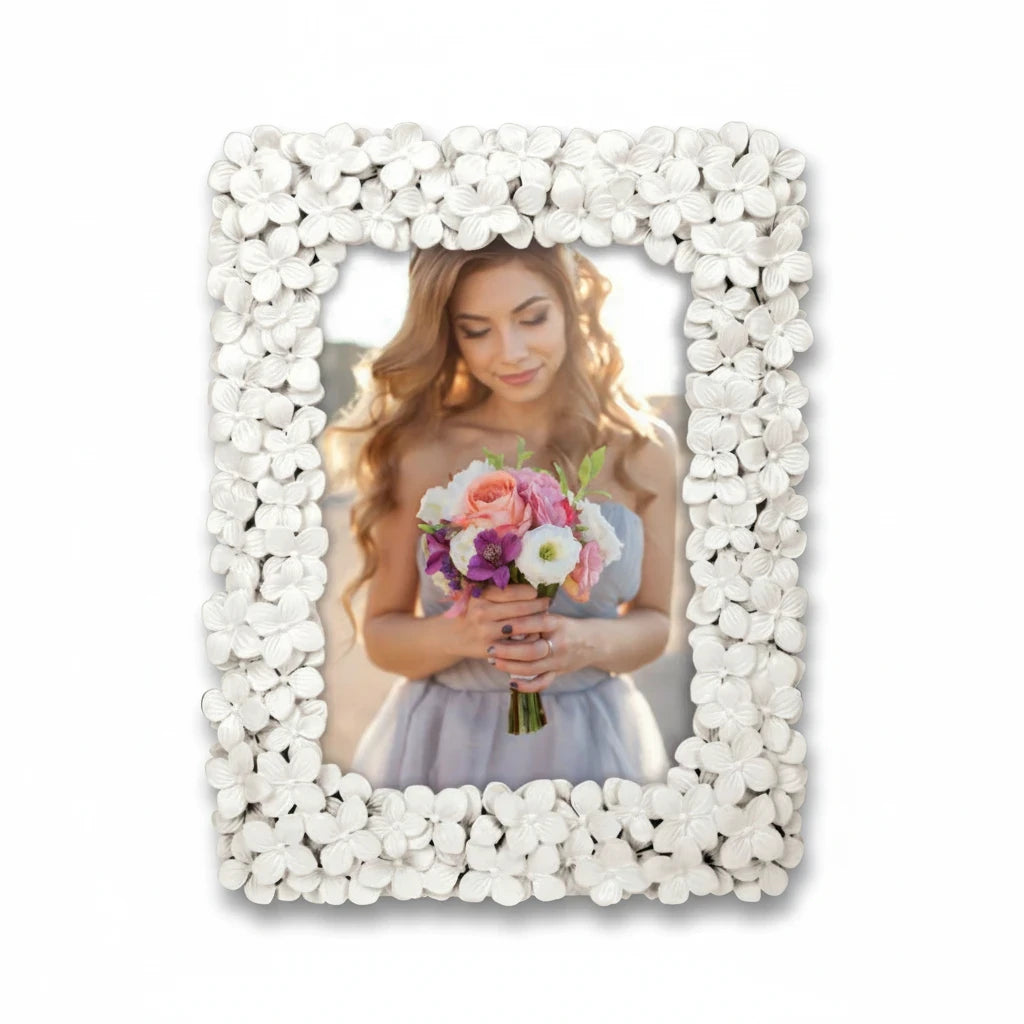 Cornice portafoto da tavolo FotoGrafica bianca con decorazione floreale in rilievo per foto di matrimonio