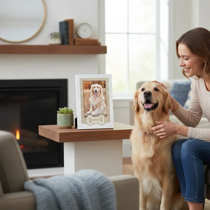 Cornice portafoto FotoGrafica bianca con decoro a osso per cani, posata su un tavolo accanto a un Golden Retriever.