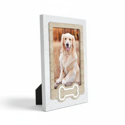 Cornice portafoto FotoGrafica in legno bianco e naturale con decorazione a forma di osso per cani
