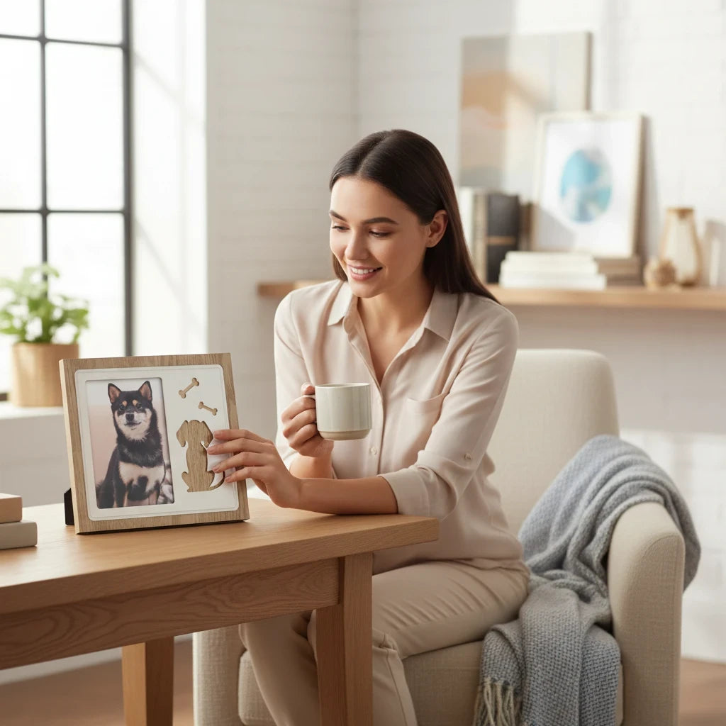 Donna sorridente guarda la cornice FotoGrafica Amici a Quattro Zampe con decorazioni in legno a forma di cane e osso
