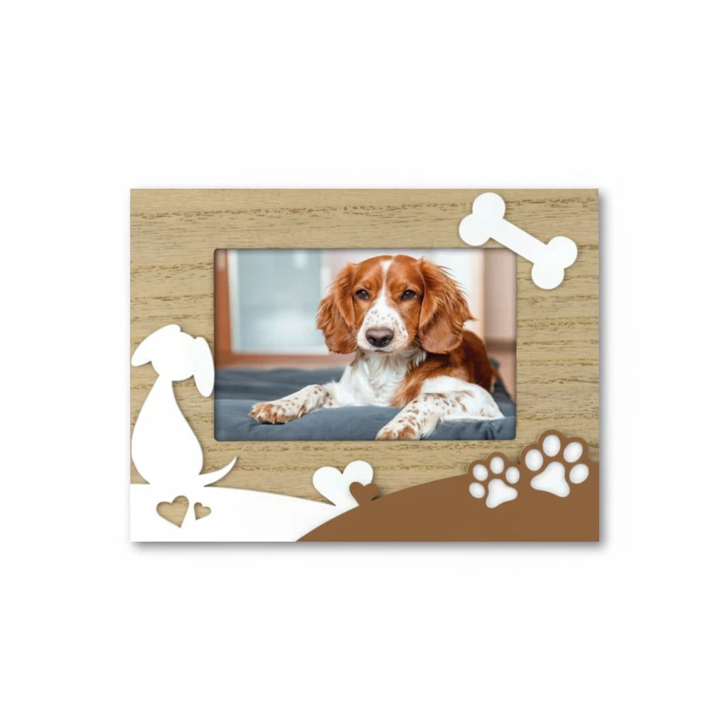 Cornice portafoto FotoGrafica in legno con decorazioni a tema cane, osso e impronte per foto di animali domestici