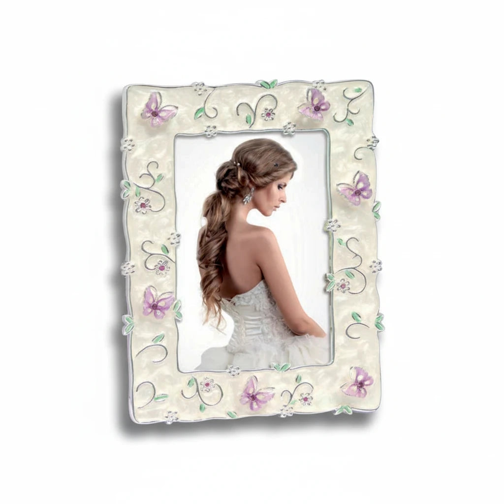 Cornice portafoto da tavolo FotoGrafica color crema con decorazioni floreali e farfalle smaltate in rilievo