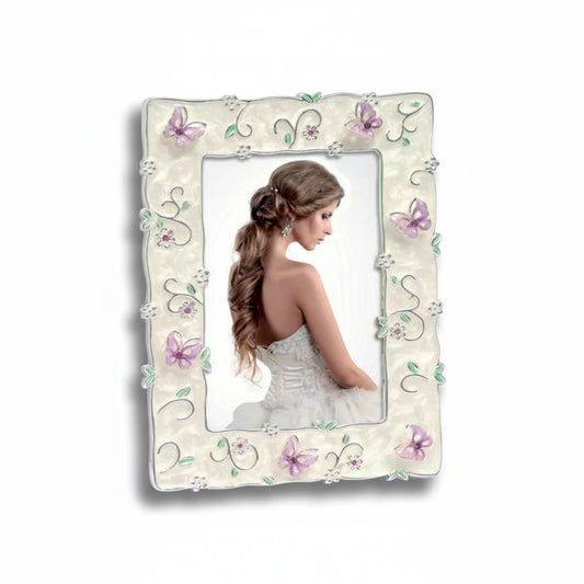 Cornice portafoto da tavolo FotoGrafica color crema con decorazioni floreali e farfalle smaltate in rilievo