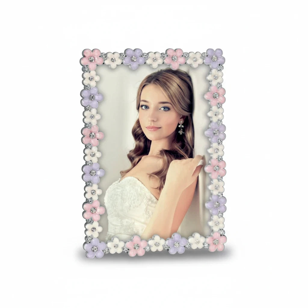 Cornice portafoto da tavolo FotoGrafica rettangolare decorata con fiori pastello e strass luminosi