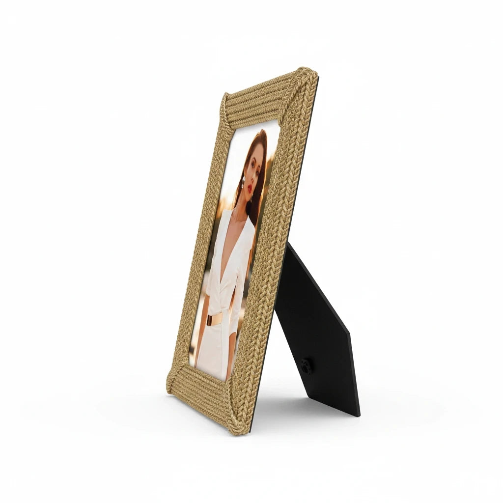 Cornice portafoto da tavolo FotoGrafica con bordo intrecciato color corda e supporto posteriore nero