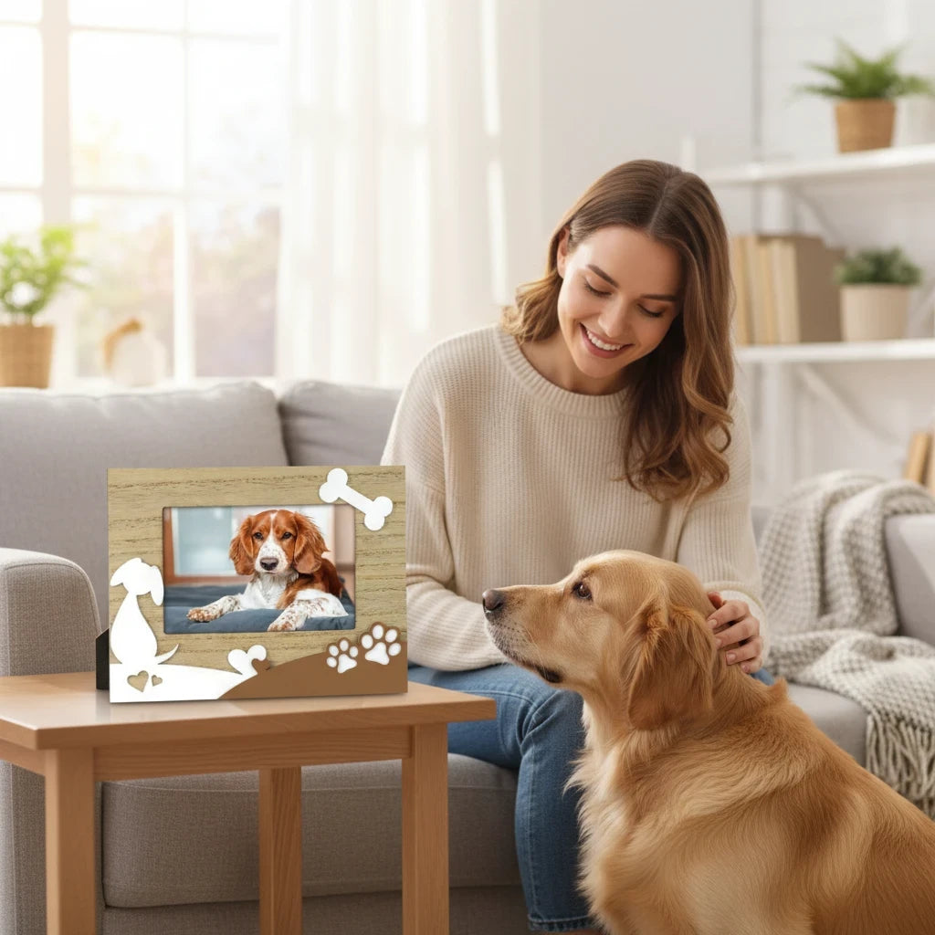 Cornice portafoto FotoGrafica in legno con decorazioni a forma di osso e zampette per foto di animali domestici