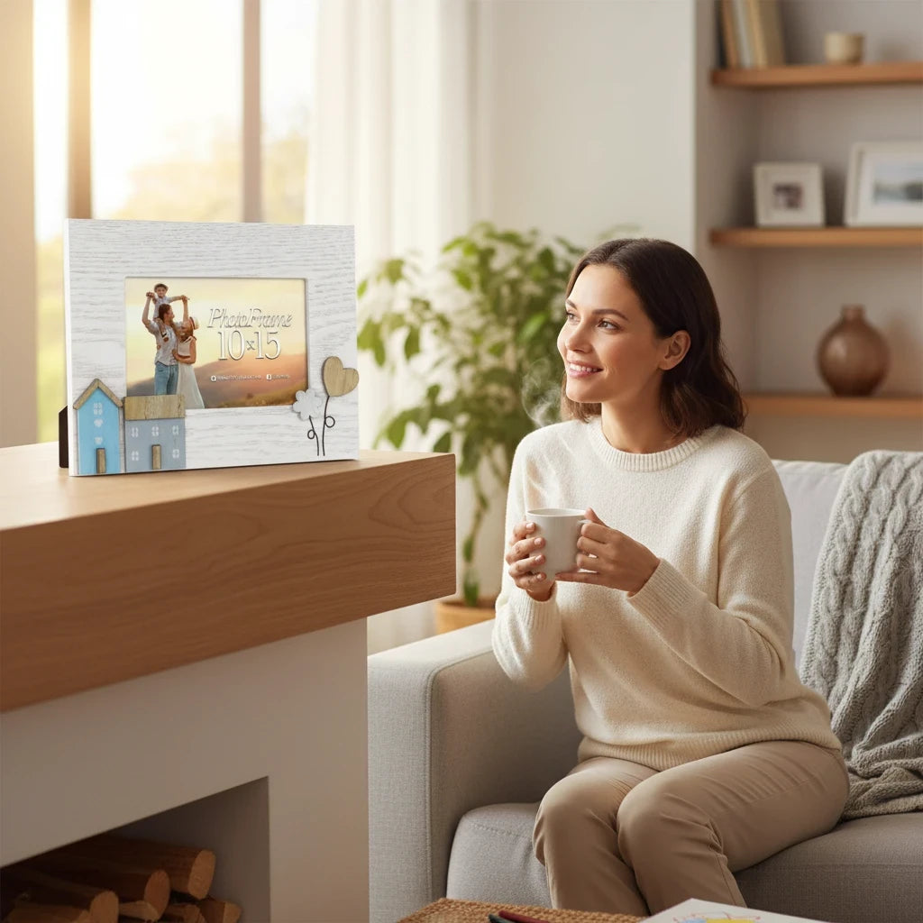 Cornice portafoto da tavolo FotoGrafica in legno bianco con decorazioni a forma di casette e fiori in un salotto