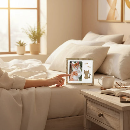 Cornice portafoto FotoGrafica in legno con decorazioni a tema gatto su comodino in camera da letto