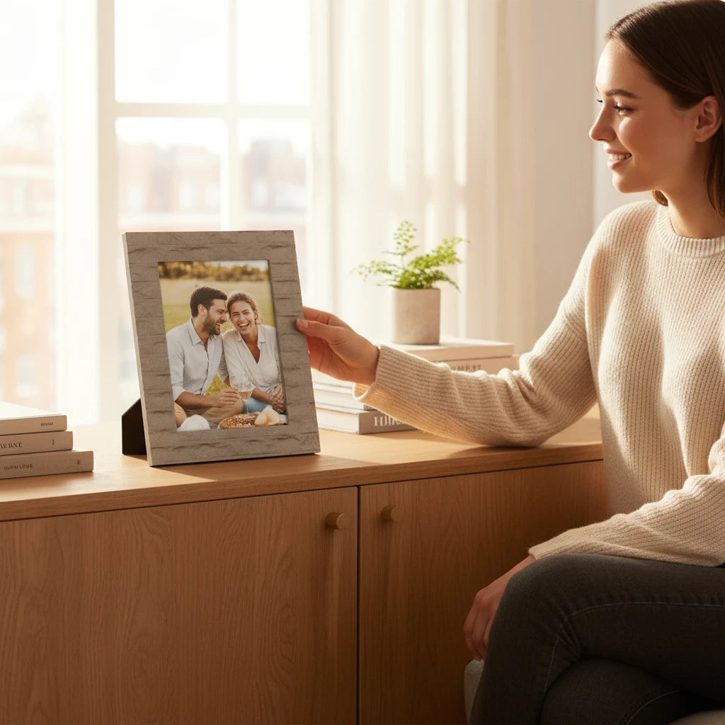 Donna sorridente posiziona una cornice portafoto da tavolo FotoGrafica con finitura effetto legno grigio su una credenza