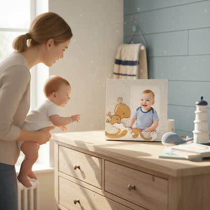 Cornice portafoto FotoGrafica in legno con decorazioni a tema marino per nascita e battesimo su un comò in cameretta