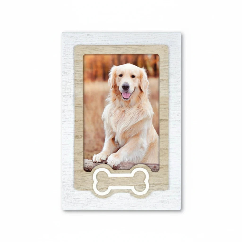 Cornice portafoto FotoGrafica in legno bianco e naturale con decorazione a forma di osso per cani