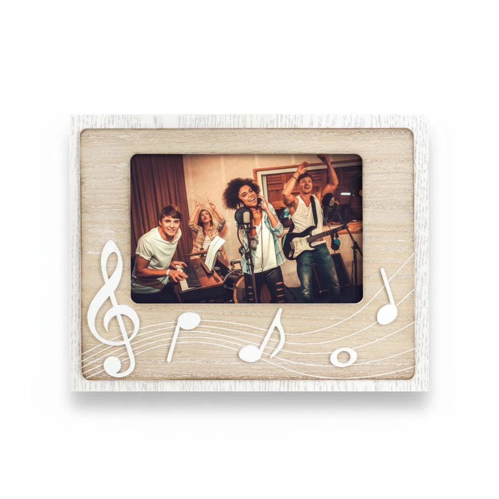 Cornice portafoto FotoGrafica in legno chiaro 10x15 con decorazioni bianche a tema musicale e note musicali