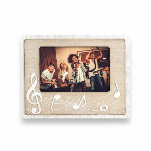 Cornice portafoto FotoGrafica in legno chiaro 10x15 con decorazioni bianche a tema musicale e note musicali