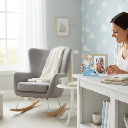 Donna sorridente tiene una cornice portafoto FotoGrafica in legno azzurro con decorazioni per nascita e neonato