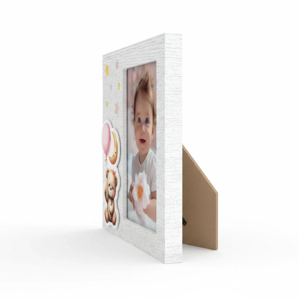Cornice portafoto FotoGrafica bianca con decorazioni di orsetto, luna e palloncini per nascita e battesimo