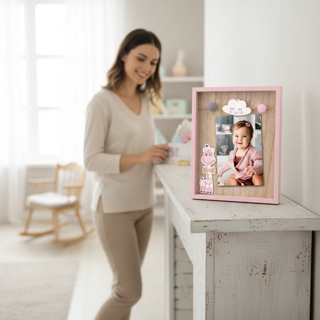 Cornice portafoto FotoGrafica per neonati in legno rosa con decorazioni a forma di giraffa e nuvola su un camino
