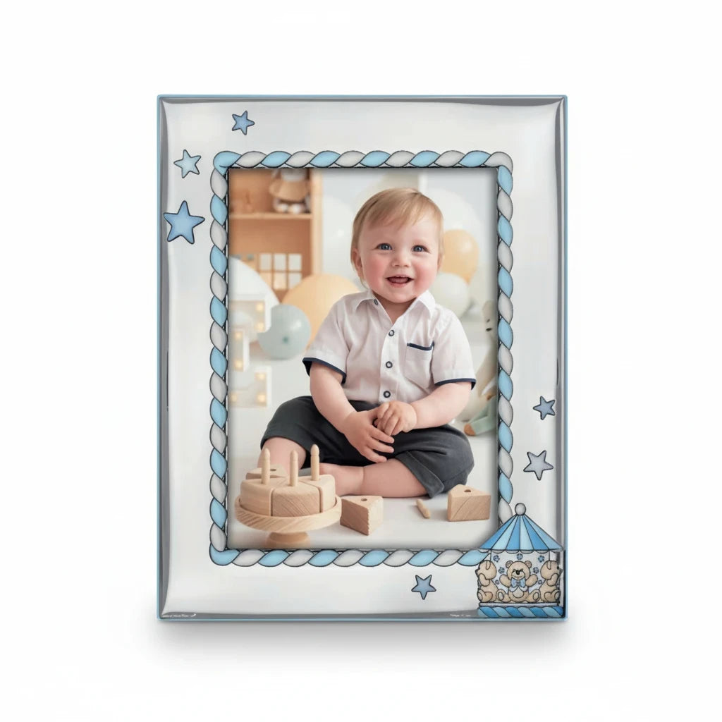 Cornice portafoto FotoGrafica in silver per nascita con decorazioni azzurre, stelle e giostrina per bambino