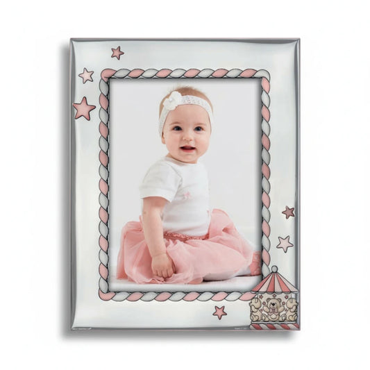 Cornice portafoto FotoGrafica in silver con decorazioni rosa e stelle, ideale per nascita e battesimo di una bimba
