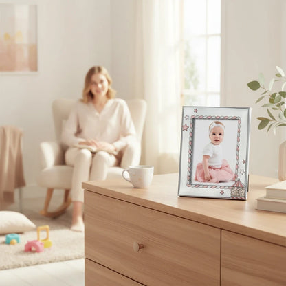 Cornice portafoto FotoGrafica in silver per nascita con decorazioni rosa e stelle, ideale per battesimi e neonati.