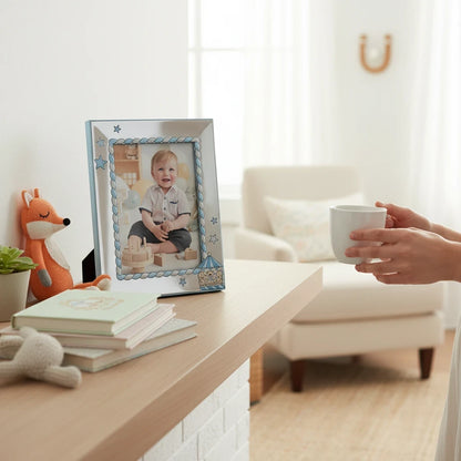 Cornice portafoto FotoGrafica in silver con decorazioni celesti a tema giostra per nascita e battesimo