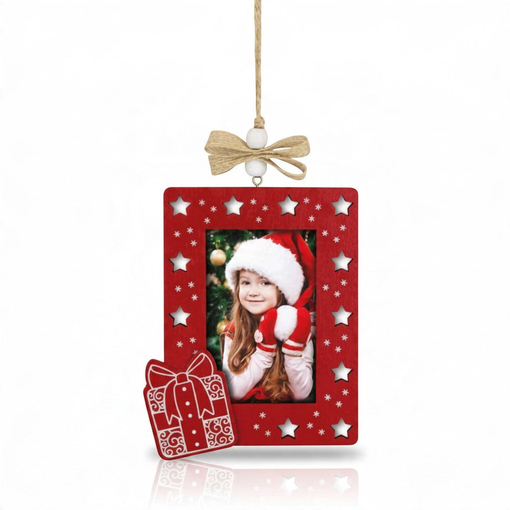 Addobbo natalizio FotoGrafica in legno rosso a forma di cornice portafoto con decorazioni a stella e pacco regalo