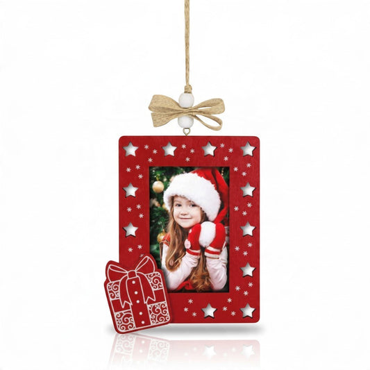 Addobbo natalizio FotoGrafica in legno rosso a forma di cornice portafoto con decorazioni a stella e pacco regalo