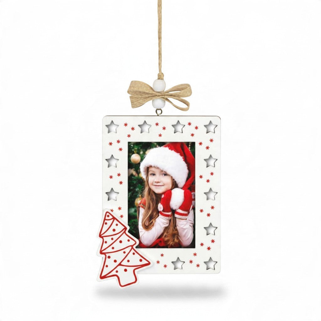Decorazione natalizia FotoGrafica Kemi in legno bianco con cornice portafoto 6x9 cm e decoro ad albero di Natale