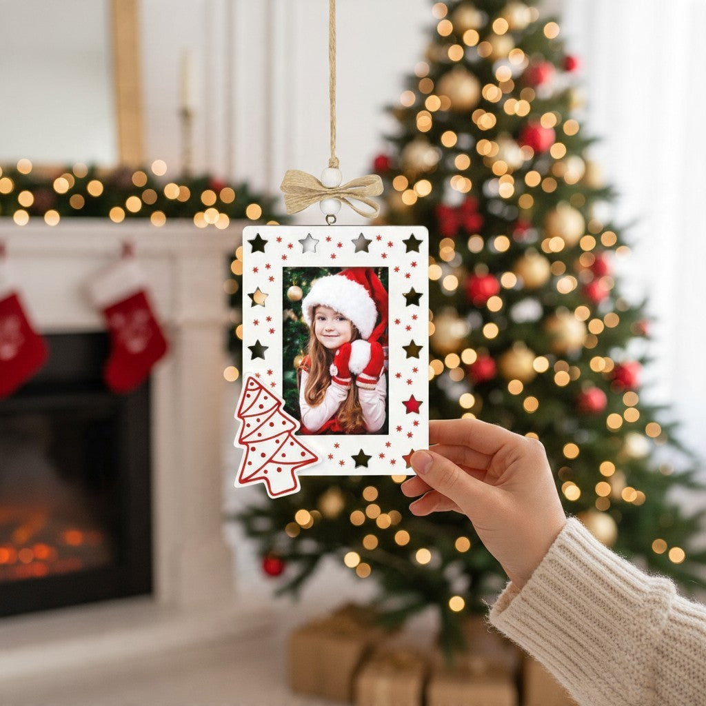 Addobbo natalizio FotoGrafica Kemi bianco in legno con cornice portafoto 6x9 cm e decorazioni a forma di stella