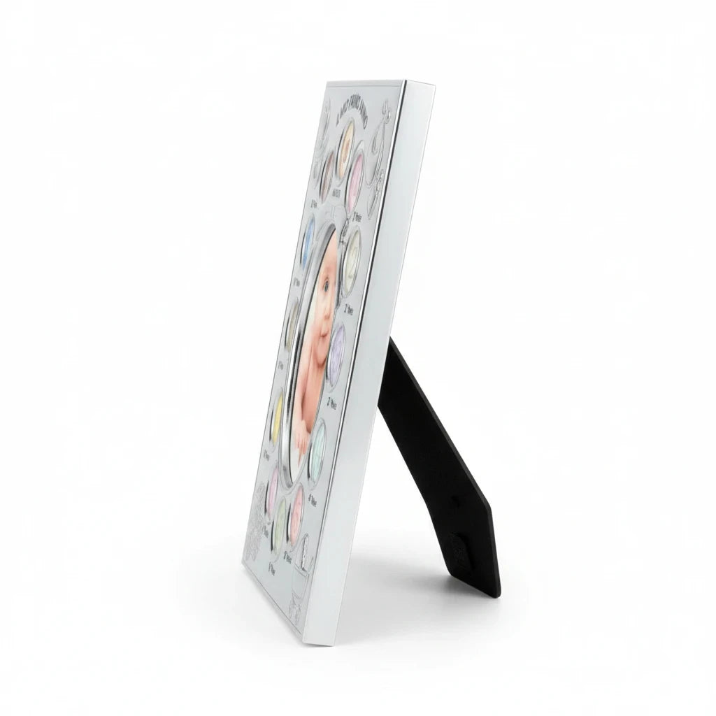 Cornice portafoto FotoGrafica per nascita con dodici spazi per i primi mesi del neonato, design elegante e moderno
