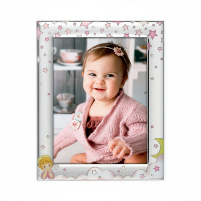 Cornice portafoto FotoGrafica in silver per neonati con decorazioni di stelle, nuvole e angioletto rosa