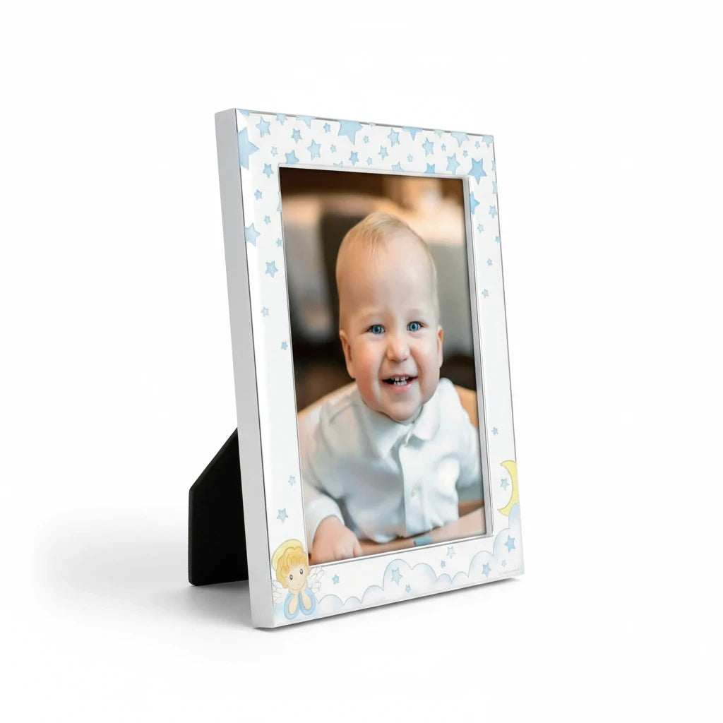 Cornice portafoto FotoGrafica in silver con decorazioni celesti di stelle, nuvole e angioletto per neonati