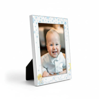 Cornice portafoto FotoGrafica in silver con decorazioni celesti di stelle, nuvole e angioletto per neonati