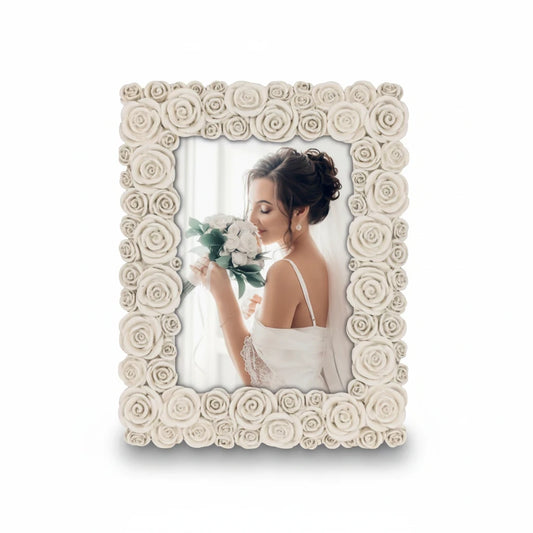 Cornice portafoto da tavolo FotoGrafica decorata con rose bianche in rilievo, stile elegante per foto di matrimonio
